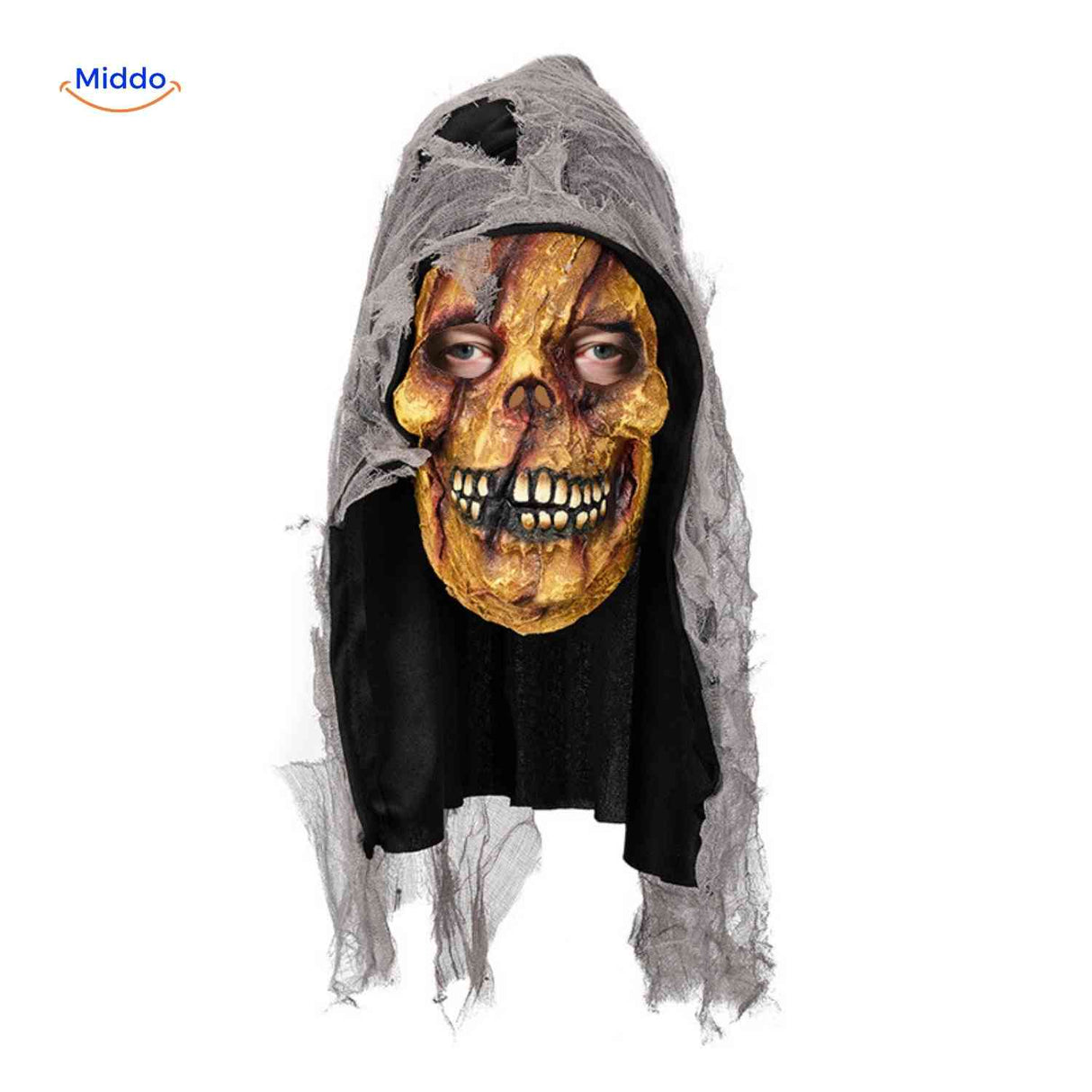 masque crâne pourri halloween avec capuche grise, effet macabre réussi