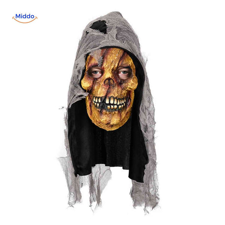 masque crâne pourri halloween avec capuche grise, effet macabre réussi
