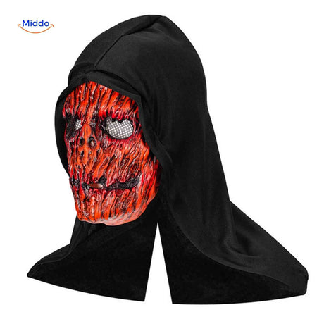 masque crâne rouge vif halloween avec capuche noire, contraste saisissant