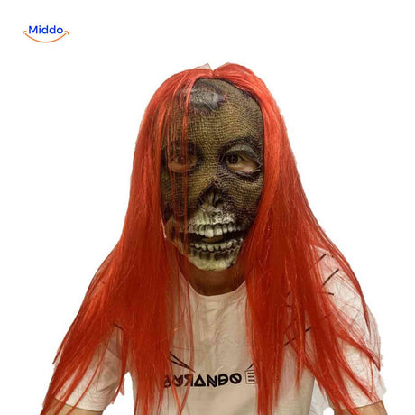 masque de crâne vert avec longs cheveux rouges pour costume halloween terrifiant