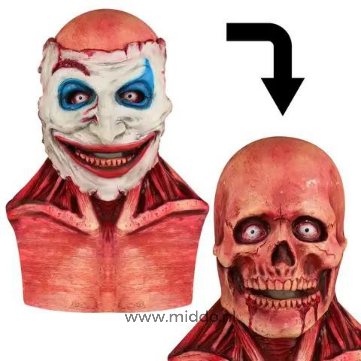 masque halloween double visage magnétique, transformation de clown en crâne d'un seul geste