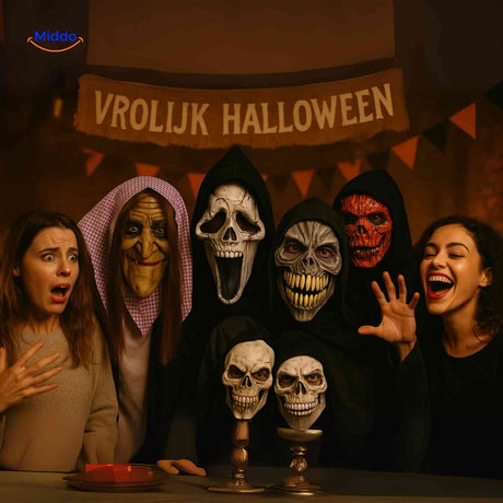 masque halloween horrifique skullveil, photo de groupe ambiance festive avec plusieurs variantes
