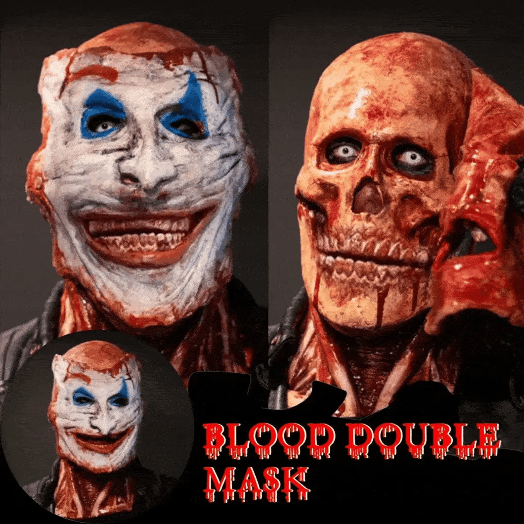 masque halloween peel-off double visage clown et crâne, effet sang ultra réaliste