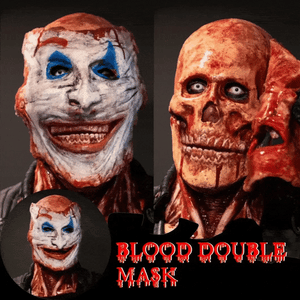 masque halloween peel-off double visage clown et crâne, effet sang ultra réaliste