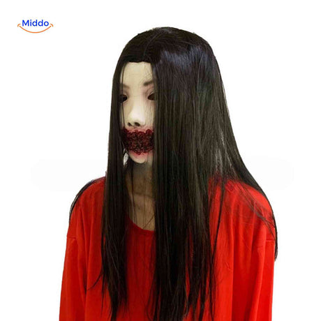 masque japonais effrayant avec bouche fermée et lèvres ensanglantées pour halloween
