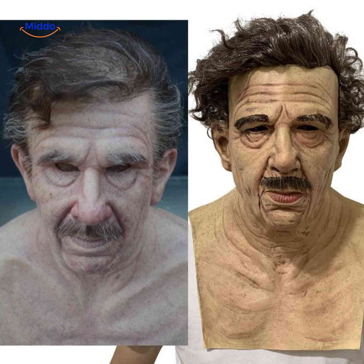 masque latex homme avec moustache et cheveux bouclés, déguisement halloween réaliste