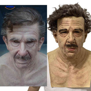 masque latex homme avec moustache et cheveux bouclés, déguisement halloween réaliste