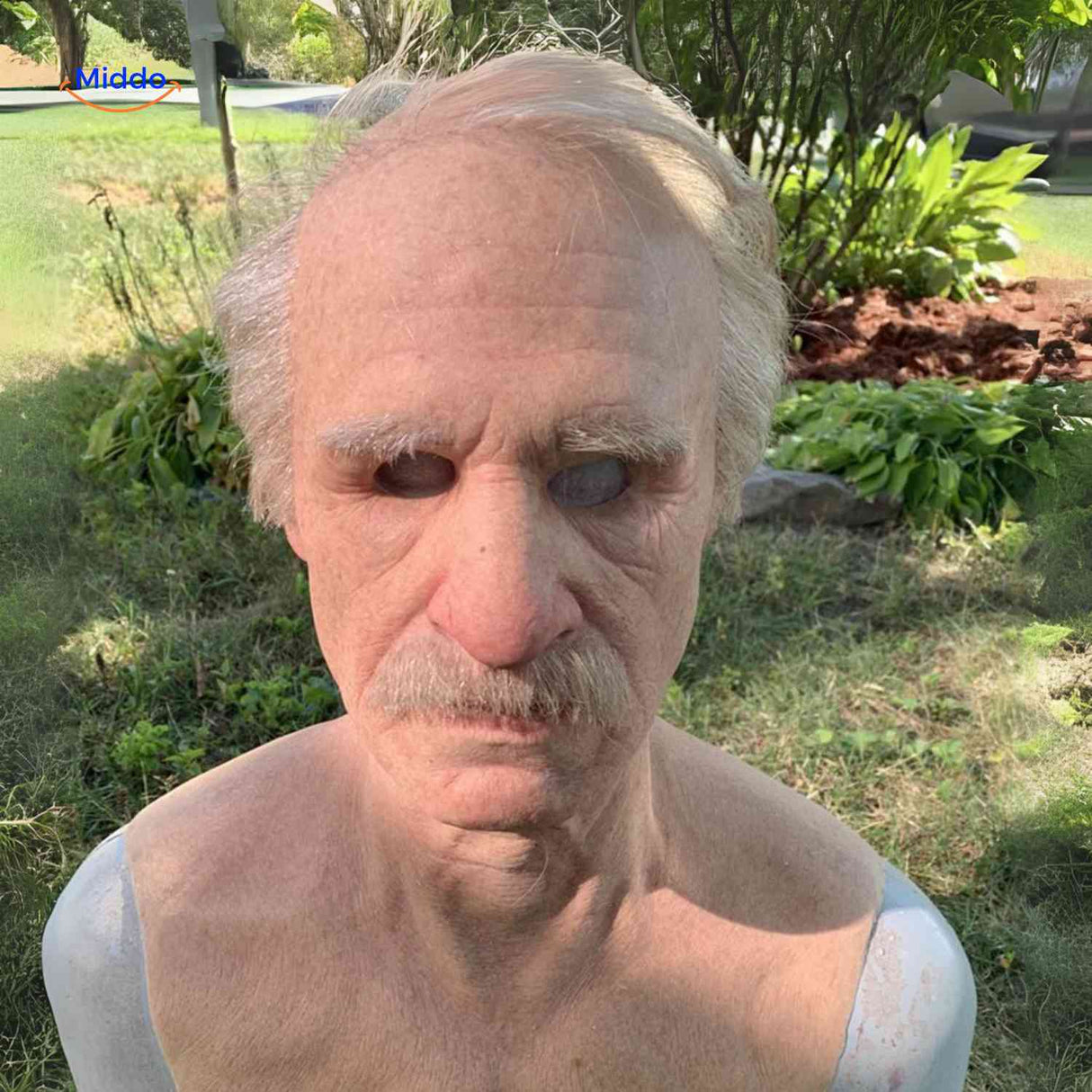 masque latex homme réaliste avec moustache et cheveux, déguisement halloween convaincant