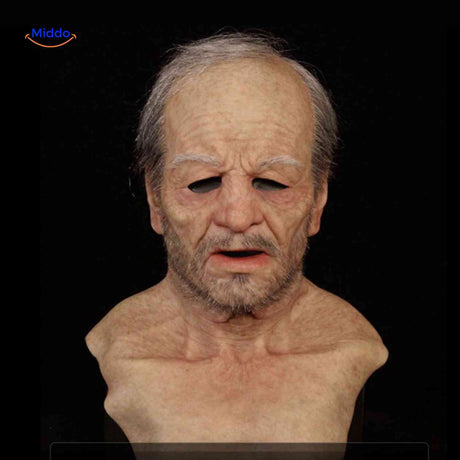 masque latex réaliste vieil homme avec barbe, rendu senior très détaillé pour déguisement