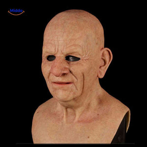masque latex vieil homme chauve avec sourire expressif, déguisement halloween réaliste