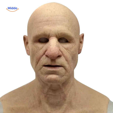 masque latex vieil homme discret sans barbe, expression neutre et rendu naturel