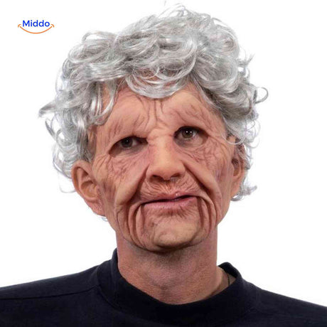 masque latex vieille femme avec boucles grises, déguisement halloween féminin réaliste