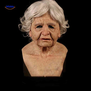 masque latex vieille femme réaliste aux cheveux blancs, déguisement halloween féminin