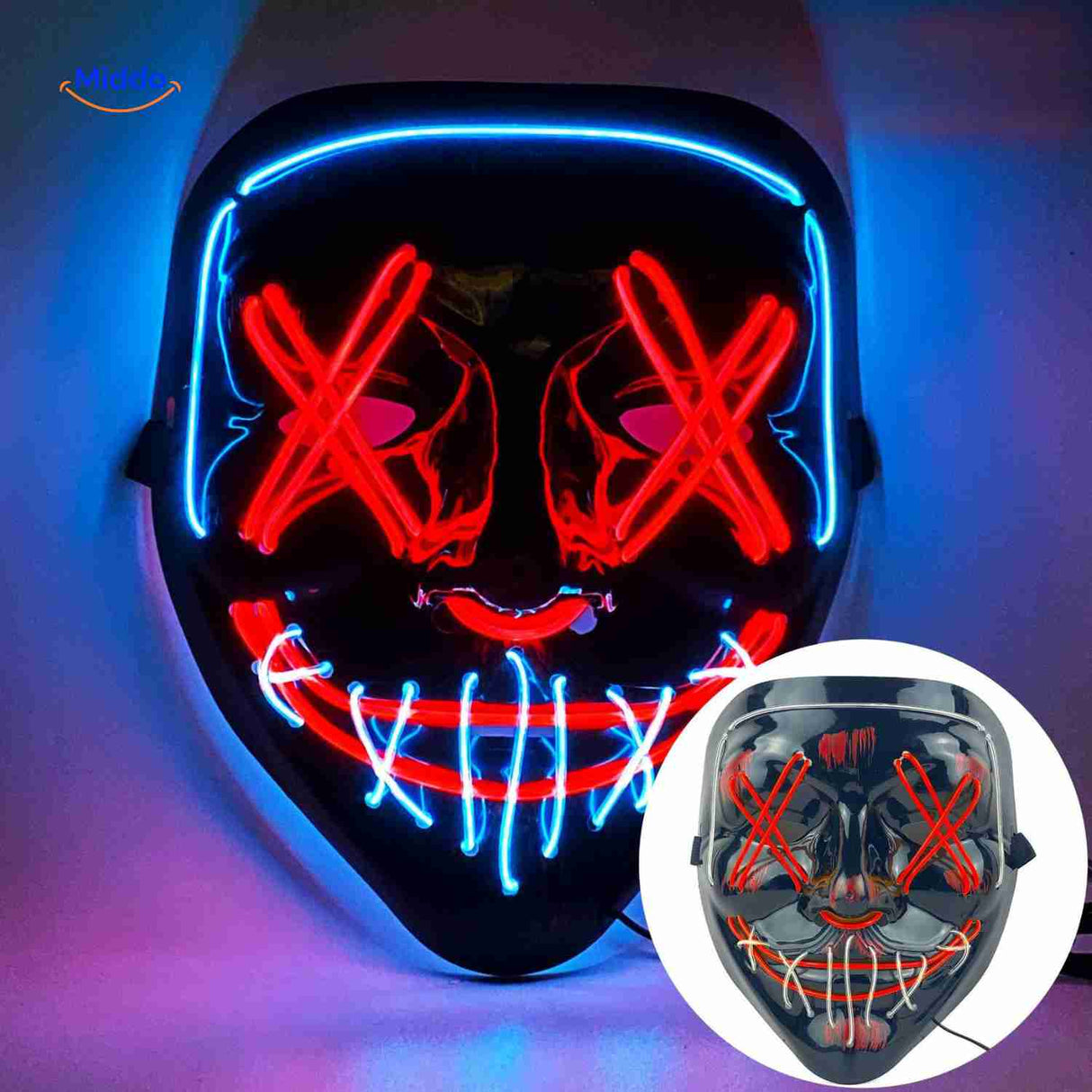 masque LED d'angoisse rouge et bleu lumineux, accessoire halloween incontournable