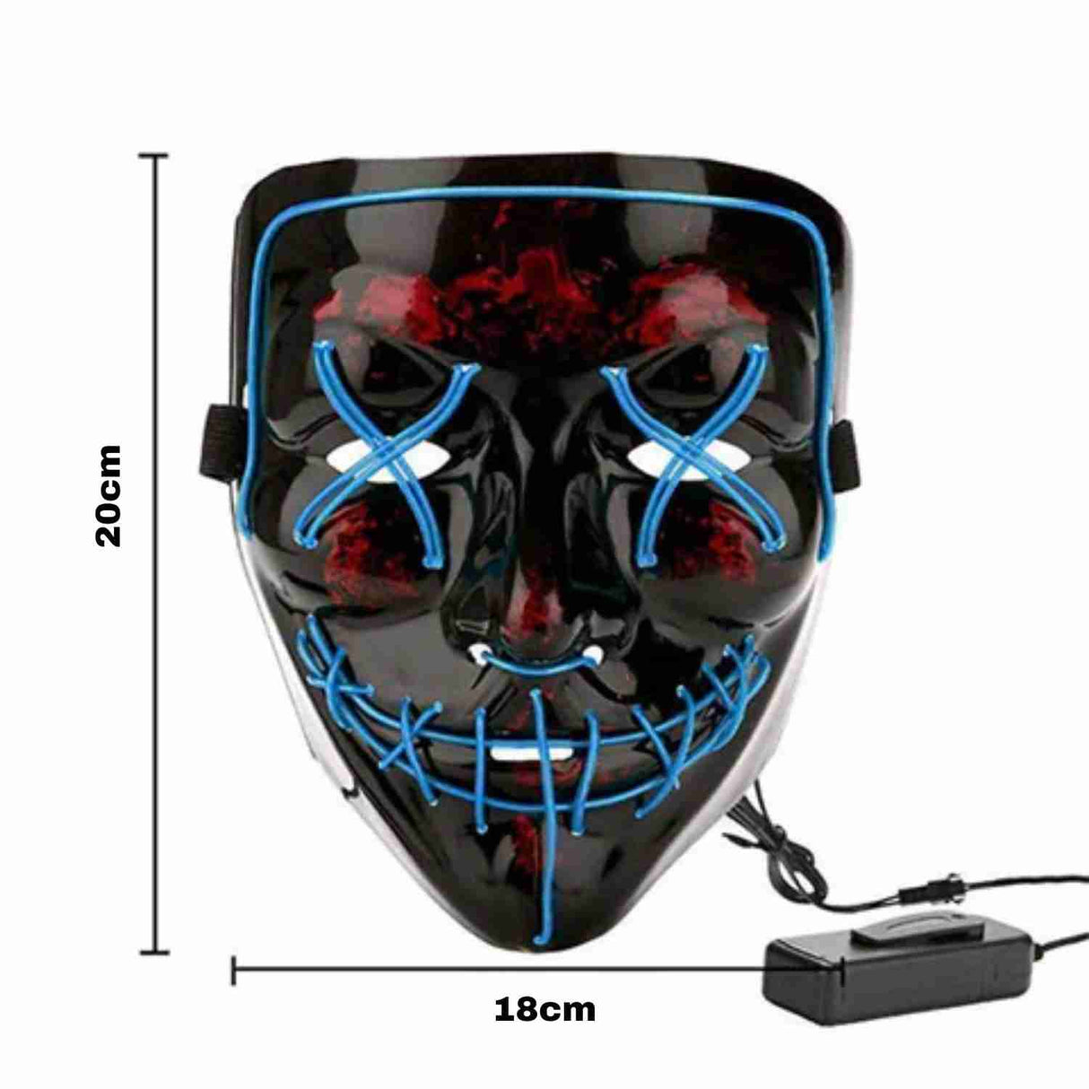 masque LED bleu avec indication des dimensions, guide des tailles pour choisir le bon ajustement