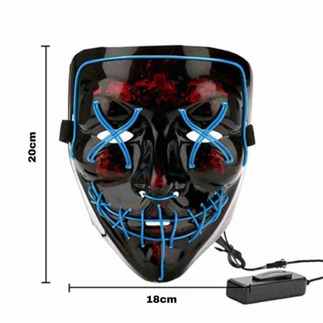 masque LED bleu avec indication des dimensions, guide des tailles pour choisir le bon ajustement