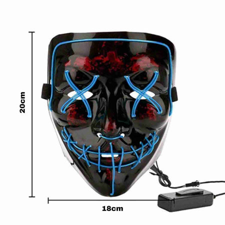 masque LED bleu avec indication des dimensions, guide des tailles pour choisir le bon ajustement