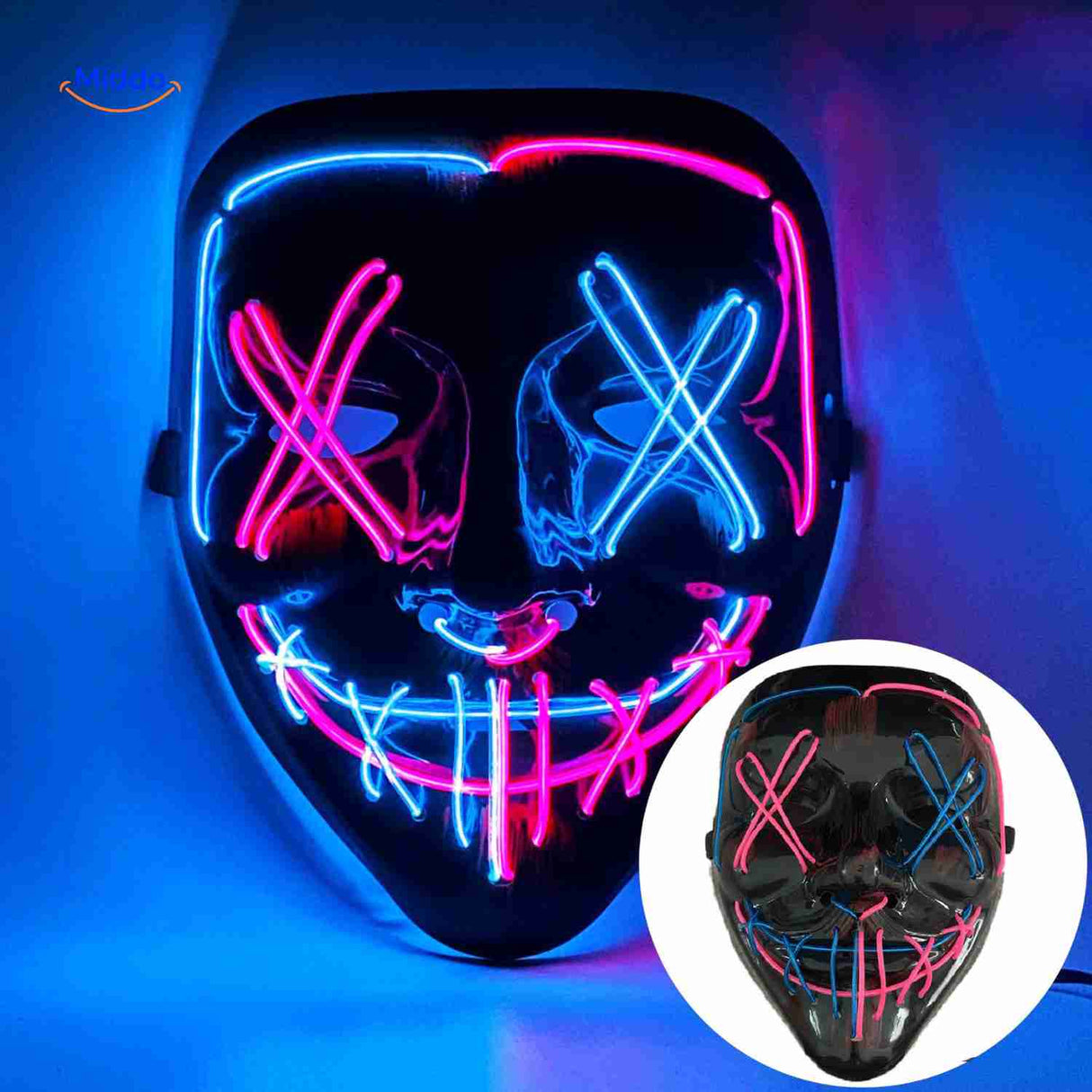 masque LED halloween bicolore bleu et rose, effet dégradé original pour costume