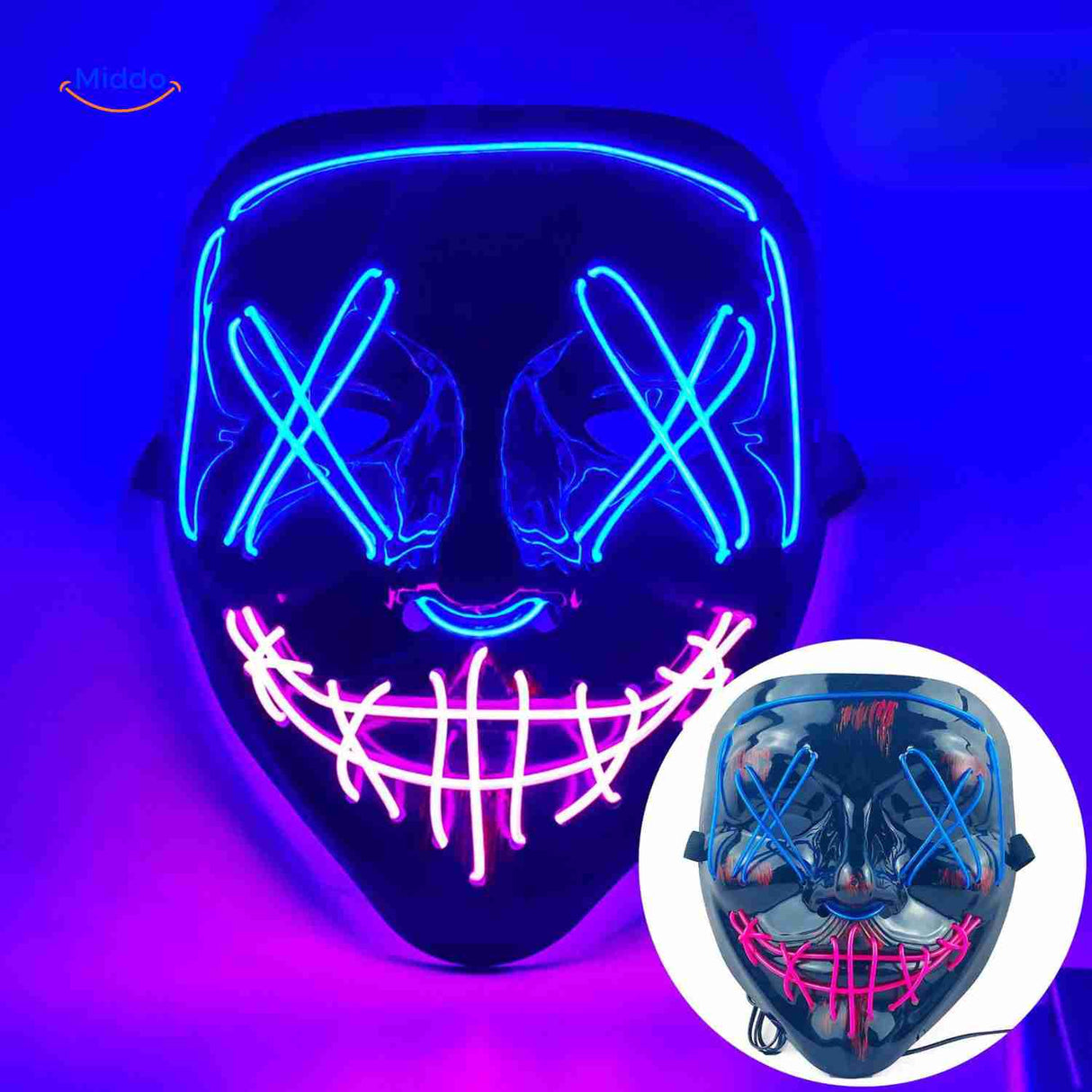 masque LED halloween en bleu, violet et rose, palette pastel envoûtante
