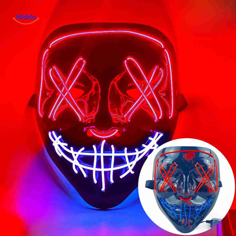 masque LED halloween rouge et violet lumineux porté lors d'une fête d'halloween