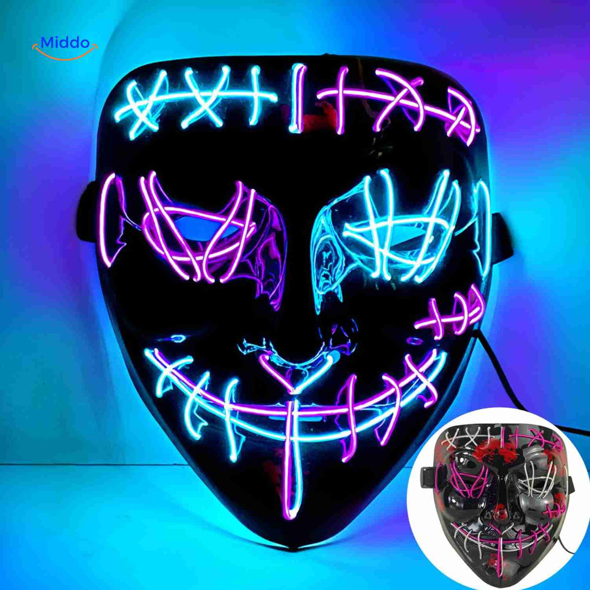 masque LED halloween lumineux en coloris violet et rouge, effet fantôme spectaculaire