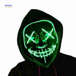 masque LED vert porté par un modèle, vue frontale du rendu lumineux en situation