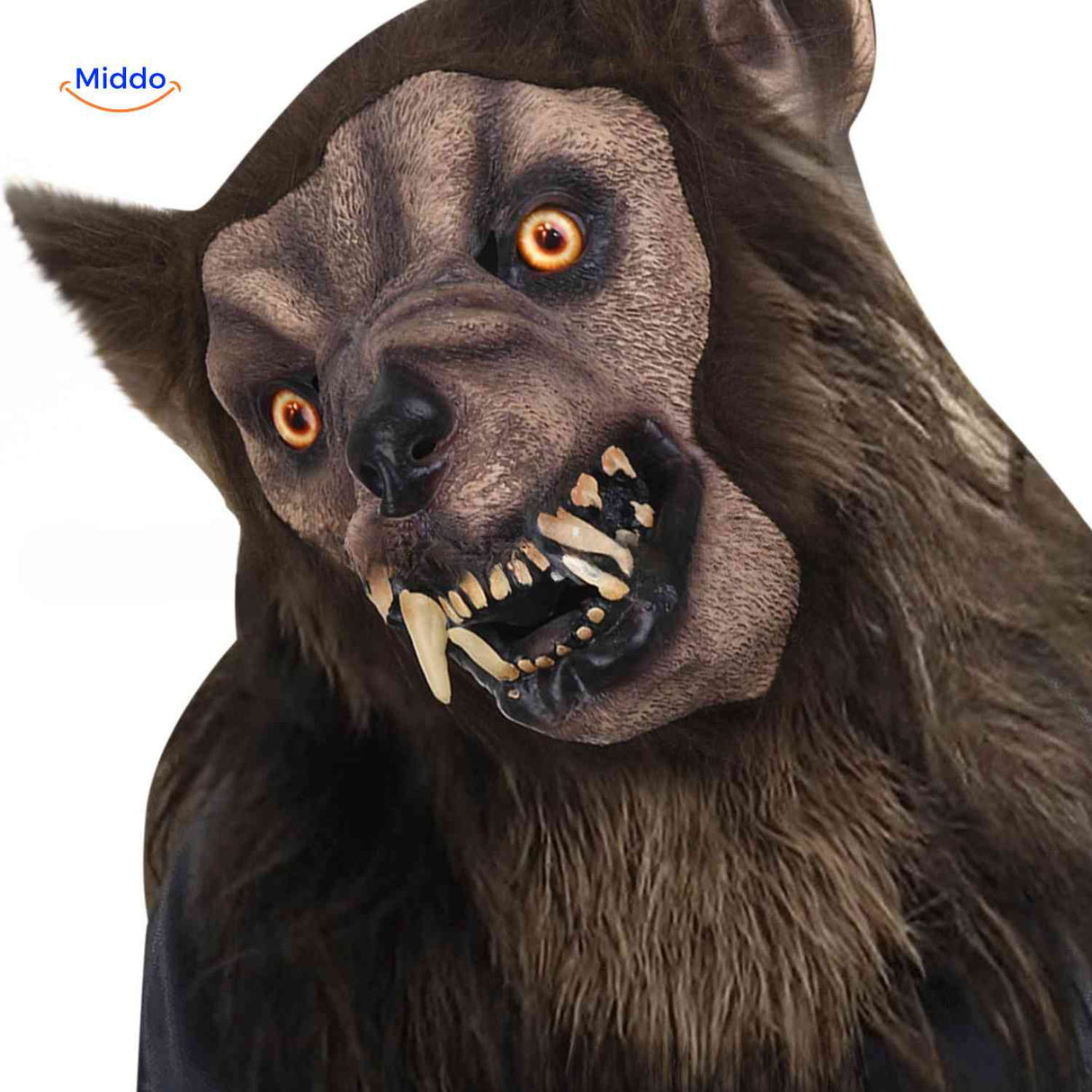 gros plan masque de loup terrifiant en latex avec détails pelage et crocs
