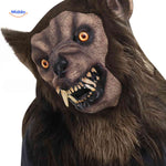 gros plan masque de loup terrifiant en latex avec détails pelage et crocs