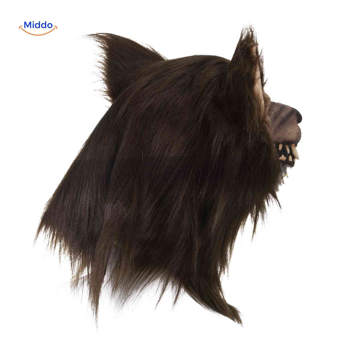 vue de côté du masque loup en latex avec fourrure et crocs apparents