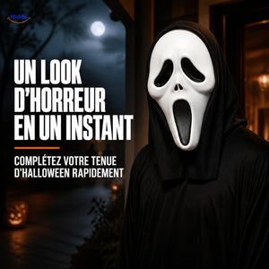 Masque Skullora blanc avec voile noir pour compléter un déguisement d’Halloween.