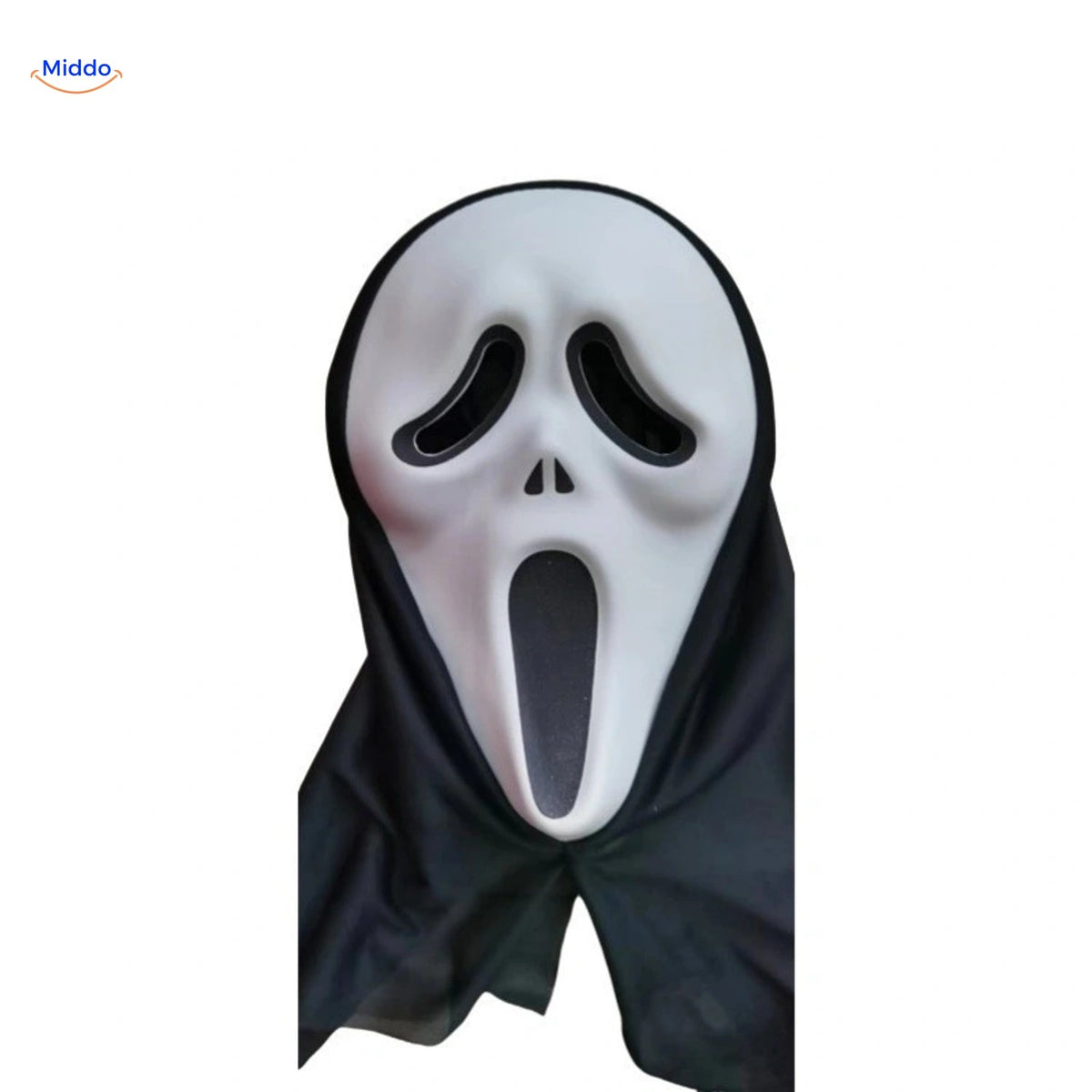 Masque Skullora blanc en latex souple avec voile noir sur fond blanc.
