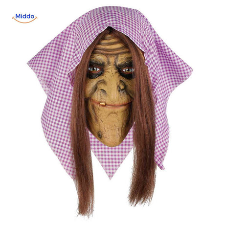 masque de sorcière effrayante halloween avec longs cheveux bruns