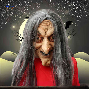 masque de sorcière classique avec longs cheveux gris et nez crochu pour halloween