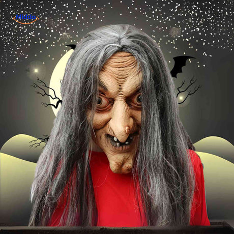 masque de sorcière classique avec longs cheveux gris et nez crochu pour halloween