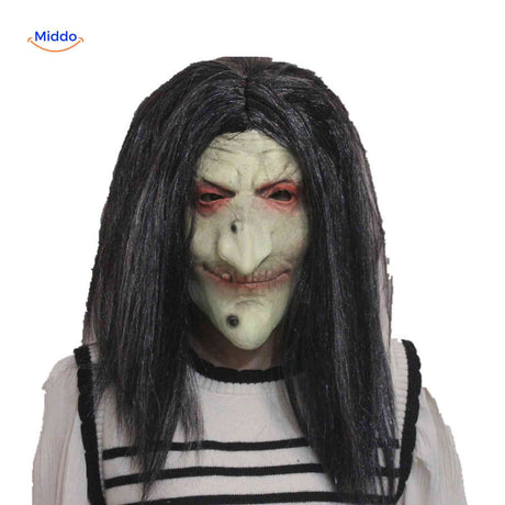 masque de sorcière avec nez pointu et yeux rouges perçants pour halloween effrayant