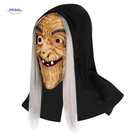 masque sorcière sinistre halloween avec longs cheveux gris flottants