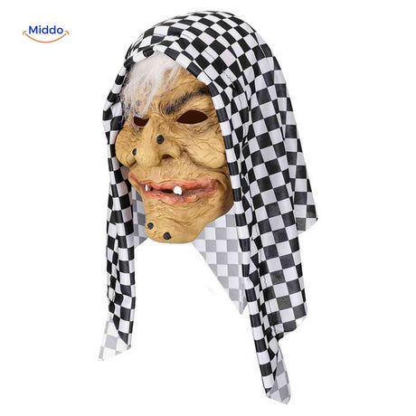 masque sorcière halloween avec tissu damier noir et blanc très graphique