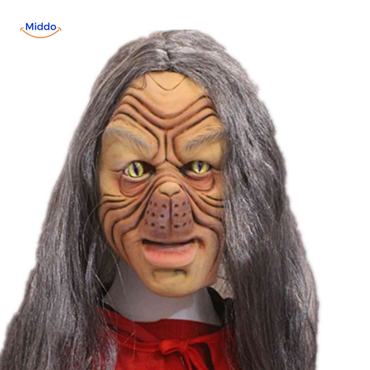 masque de sorcière verruqueuse avec yeux de chat verts et teint repoussant