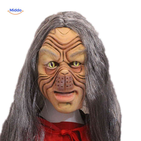 masque de sorcière verruqueuse avec yeux de chat verts et teint repoussant