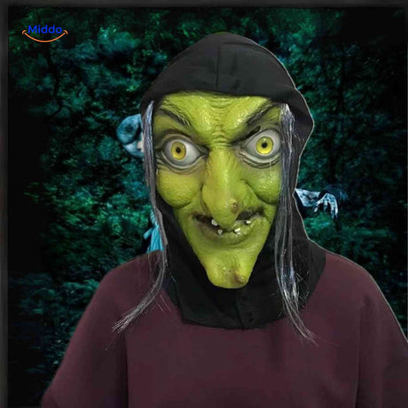 masque de sorcière verte avec yeux jaunes et capuche noire pour déguisement halloween