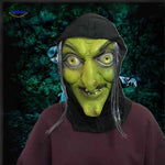 masque de sorcière verte avec yeux jaunes et capuche noire pour déguisement halloween