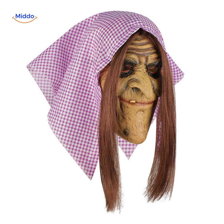 masque sorcière halloween avec voile violet et longs cheveux flottants