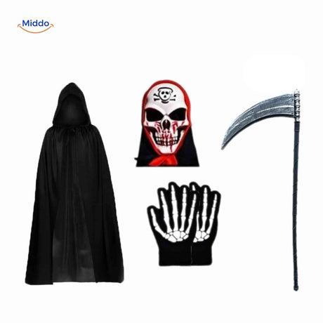 masque squelette horreur porté avec cape noire et gants assortis