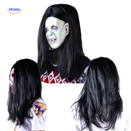 masque vampire cheveux noirs présenté sous trois angles pour voir le rendu complet