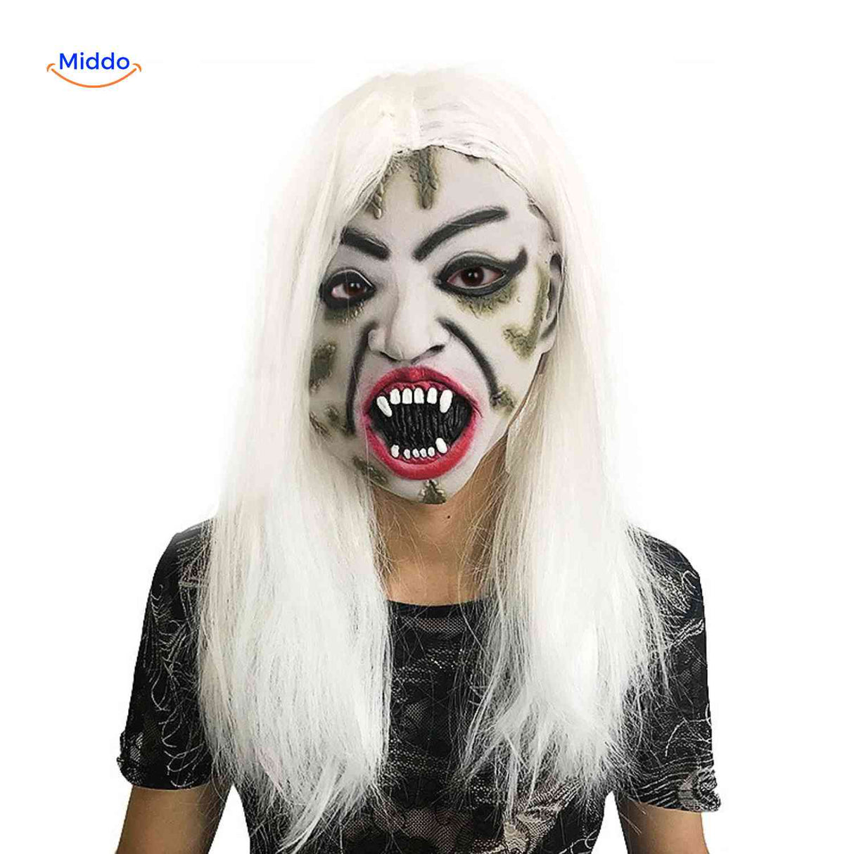 masque vampire horreur avec cheveux blancs et dents de monstre pour halloween