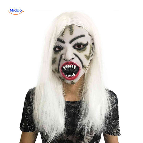 masque vampire horreur avec cheveux blancs et dents de monstre pour halloween