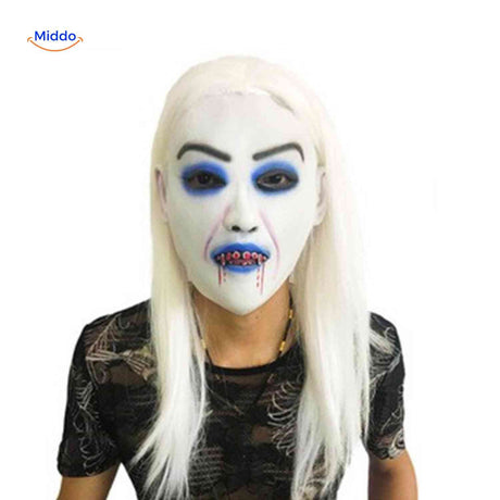 masque vampire saignant avec yeux bleus et cheveux blancs pour halloween effrayant