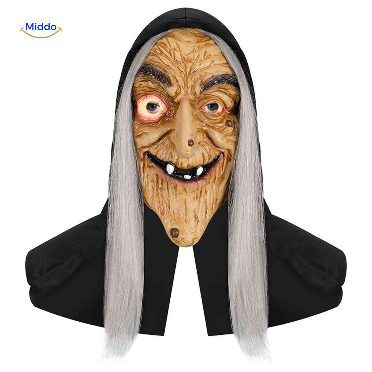 masque vieille sorcière halloween avec longs cheveux gris flottants