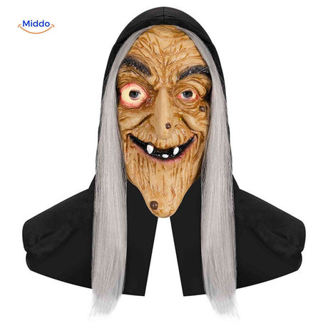 masque vieille sorcière halloween avec longs cheveux gris flottants