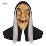 masque vieille sorcière halloween avec longs cheveux gris flottants